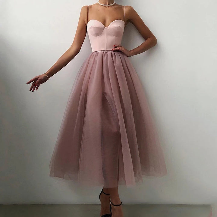 Ball Gown Style Solid Women Party Dress Summer Sexy Gauze High Waist Slim Fit Dress Lady Casual Backless Sleeveless V Neck Dress