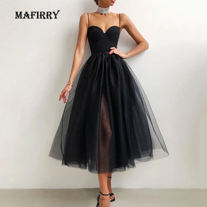 Ball Gown Style Solid Women Party Dress Summer Sexy Gauze High Waist Slim Fit Dress Lady Casual Backless Sleeveless V Neck Dress