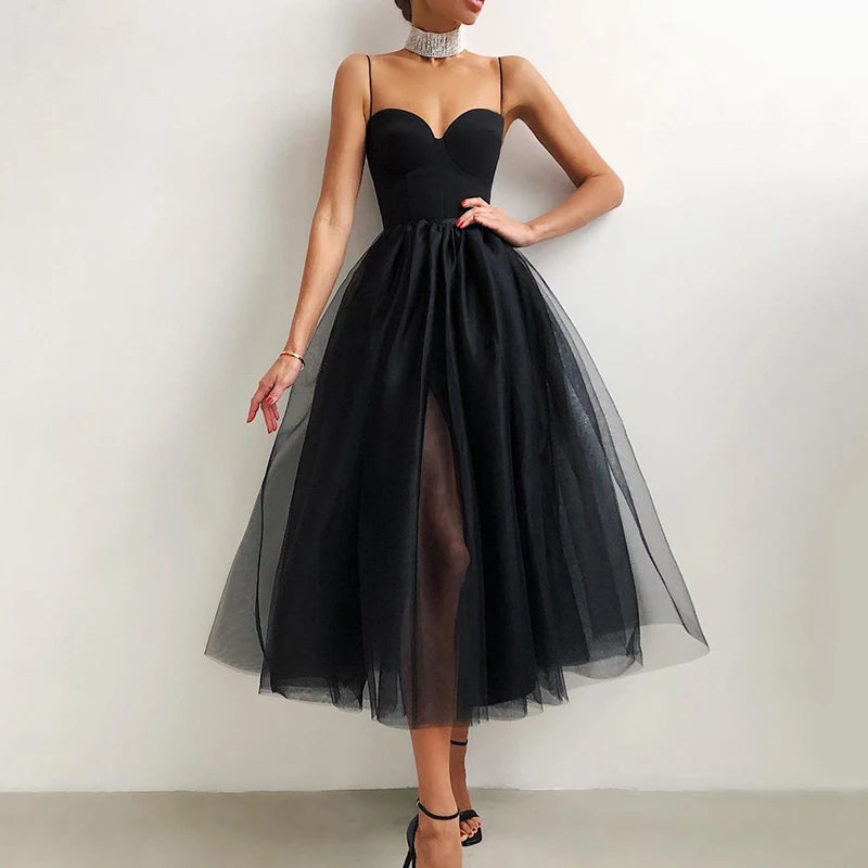 Ball Gown Style Solid Women Party Dress Summer Sexy Gauze High Waist Slim Fit Dress Lady Casual Backless Sleeveless V Neck Dress