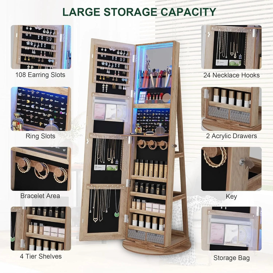 360° Swivel Jewelry Cabinet with Lights, Standing Jewelry Armoire Organizer, Rotatable Jewelry Mirror, Full Length Mirror