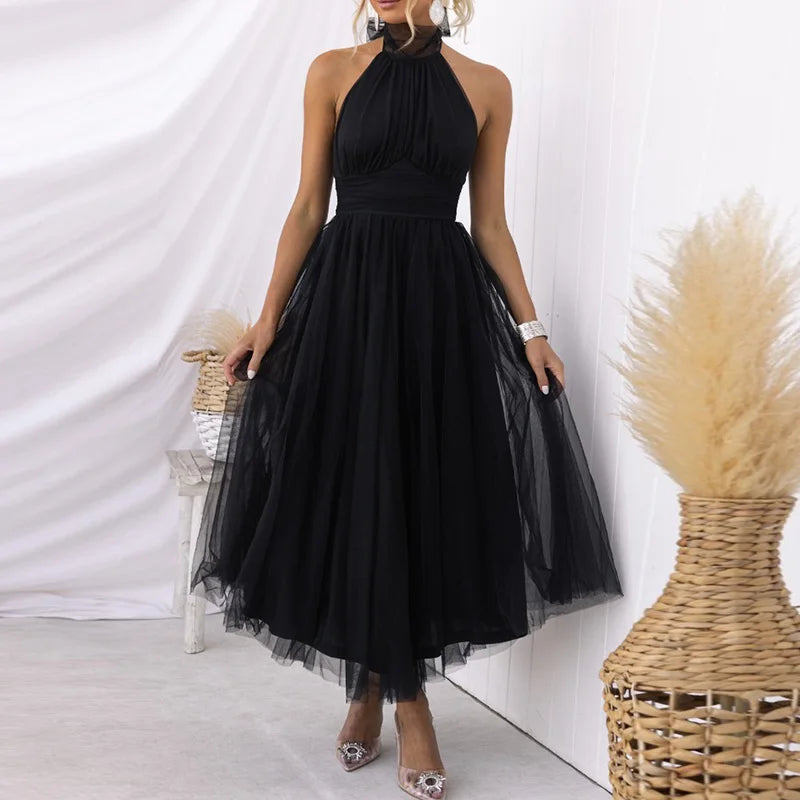 Ball Gown Style Solid Women Party Dress Summer Sexy Gauze High Waist Slim Fit Dress Lady Casual Backless Sleeveless V Neck Dress