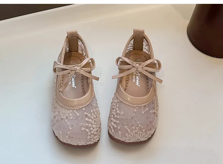 Childrens Casual Shoes with Bow Round Toe Non Slip Soft Sole Breathable 2025 New Summer Outdoor Mesh Girls Flat Shoes