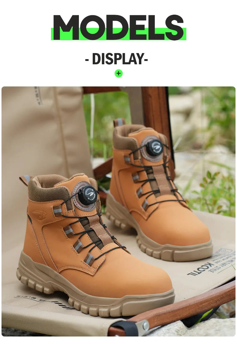 Safety Work Boots For Men Outdoor Hiking Sneaker Anti-smash Indestructible Steel Toe Protection Boots Male Boots Rotating Button