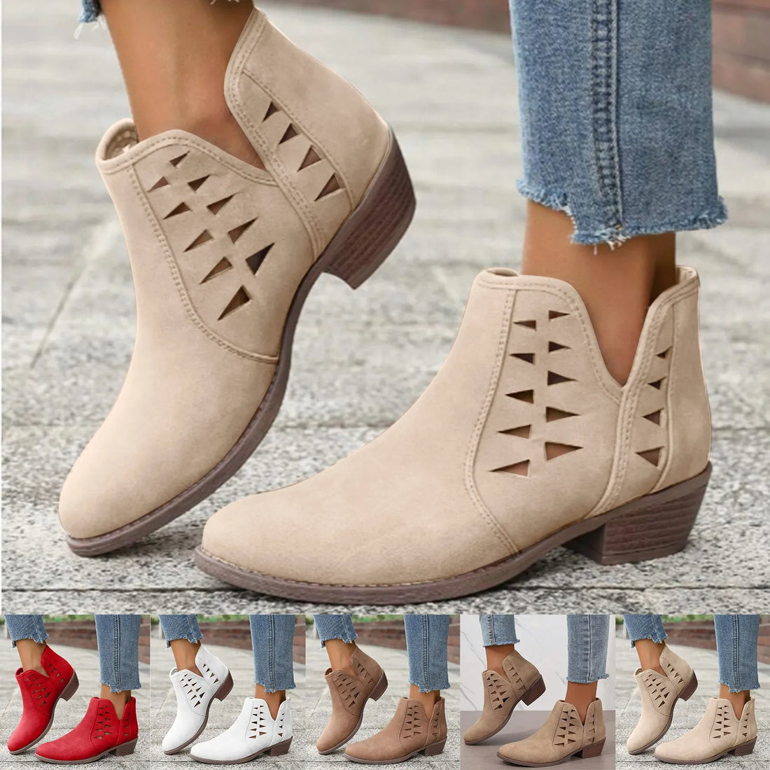 White Mesh Hollow Short Boots Breathable Pointed Toe Western Cowboy Boots Walking Ankle Boots Side Top Middle Tube Short Wear