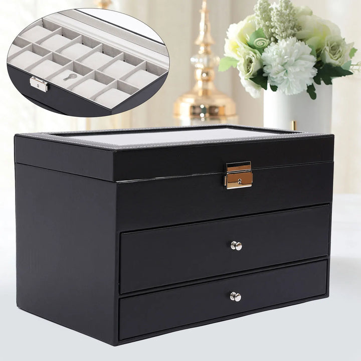Bymaocar Black 3-Tier Drawer Jewelry Box, 12-Slot Watch Organizer W/ PU Leather & Metal Clasp, Eyeglass & Sunglass Storage Case
