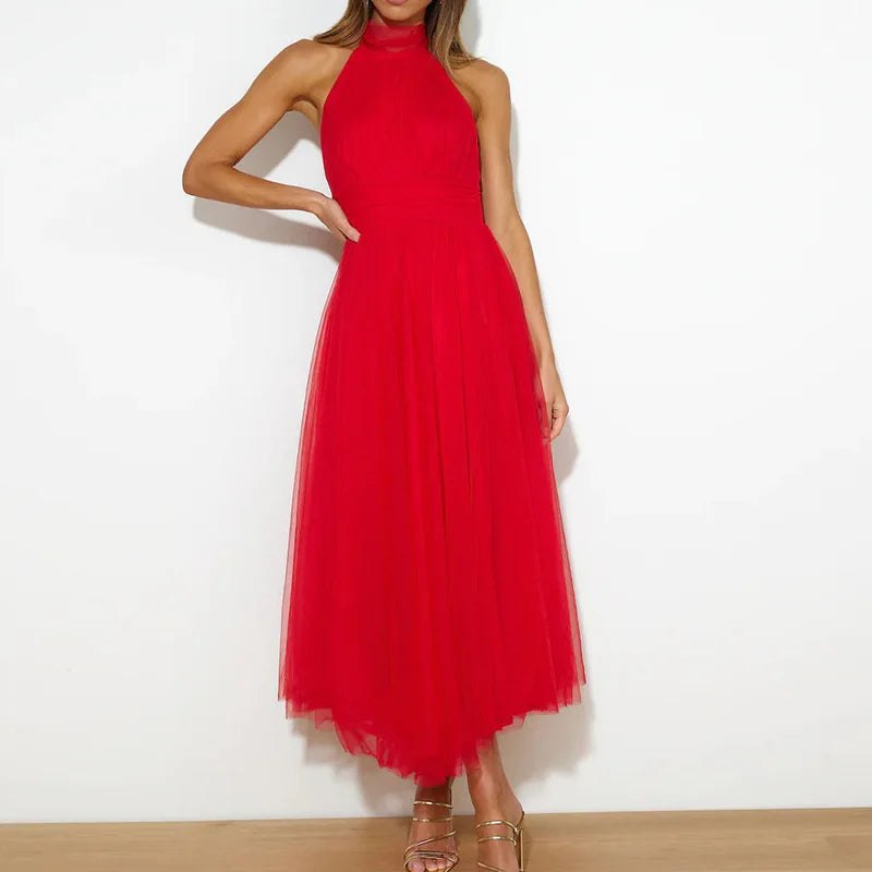 Ball Gown Style Solid Women Party Dress Summer Sexy Gauze High Waist Slim Fit Dress Lady Casual Backless Sleeveless V Neck Dress