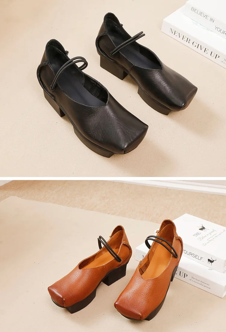 GKTINOO 2025 Spring/Summer New Vintage Real Cowhide Square Toe Women's Shoes Versatile Genuine Leather Middle Heel Pumps