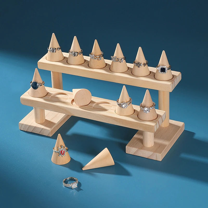 Cone Ring Display Holder Jewelry Display Stand Ring Showcase Storage Tray For Counter Shows Wooden Base Shop Decor