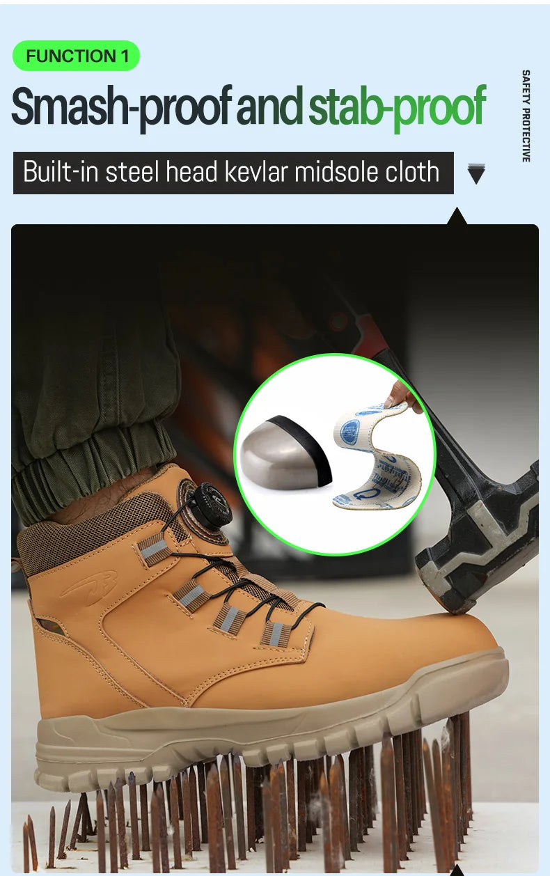 Safety Work Boots For Men Outdoor Hiking Sneaker Anti-smash Indestructible Steel Toe Protection Boots Male Boots Rotating Button