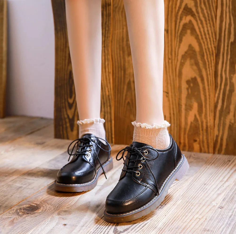 35-40 Women Oxfords Women's Shoes Ladies Leather Female Round Toe Sewing Retro Comfortable Footwear Lolita Shoe Brown