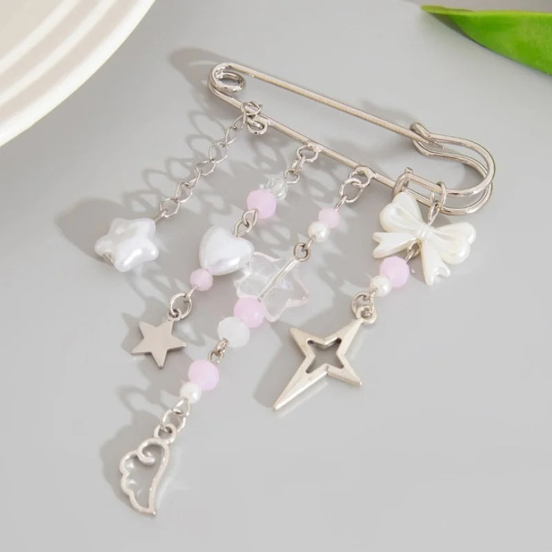 Y2K Gothic Sweet Bow Beaded Tassel Brooch Stylish Paperclip Lapel Pin Waist Buckle Fashion Sneaker Badge Shirt Collar Accessory