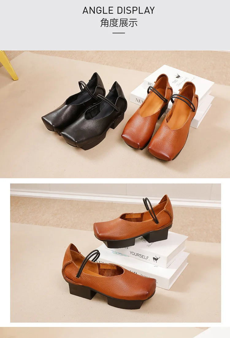 GKTINOO 2025 Spring/Summer New Vintage Real Cowhide Square Toe Women's Shoes Versatile Genuine Leather Middle Heel Pumps