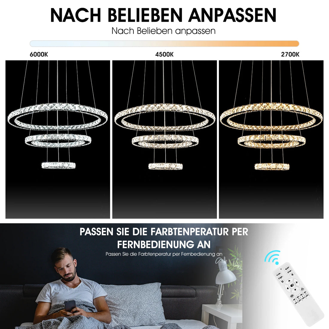 60W Modern Crystal LED ceiling lamp, 3 rings LED pendant light 60+40+20 cm,  Dimmable with remote control, Height adjustable