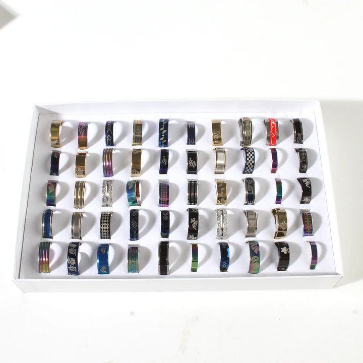 50Pcs/Lot Fashion Sparkling Multicolor Shells Stainless Steel Rings For Women Men Mix Style Wedding Party Finger Jewelry