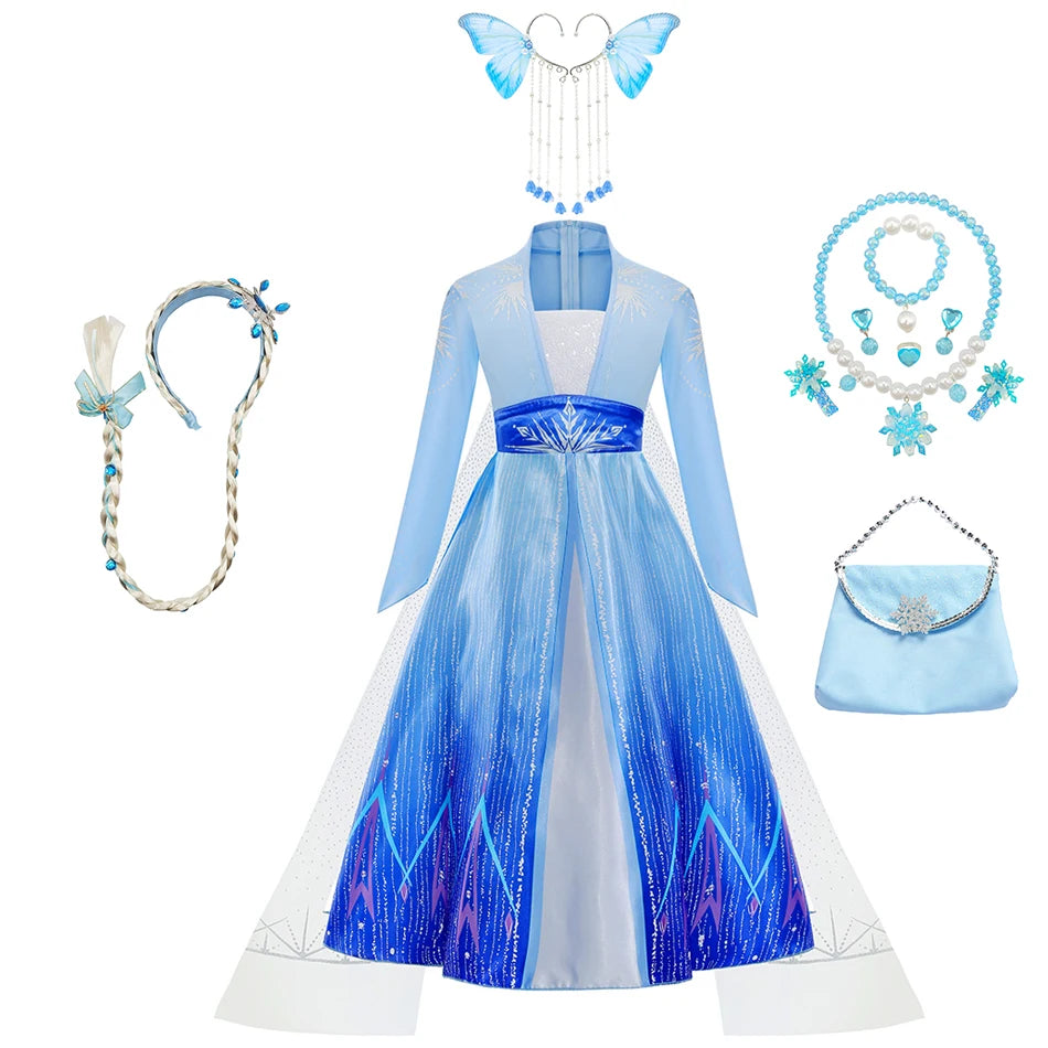 Elsa Kids Princess Dress With Cloak Stage Performance Outfits Carnival Halloween Cosplay Party Clothes Birthday Surprise Gift