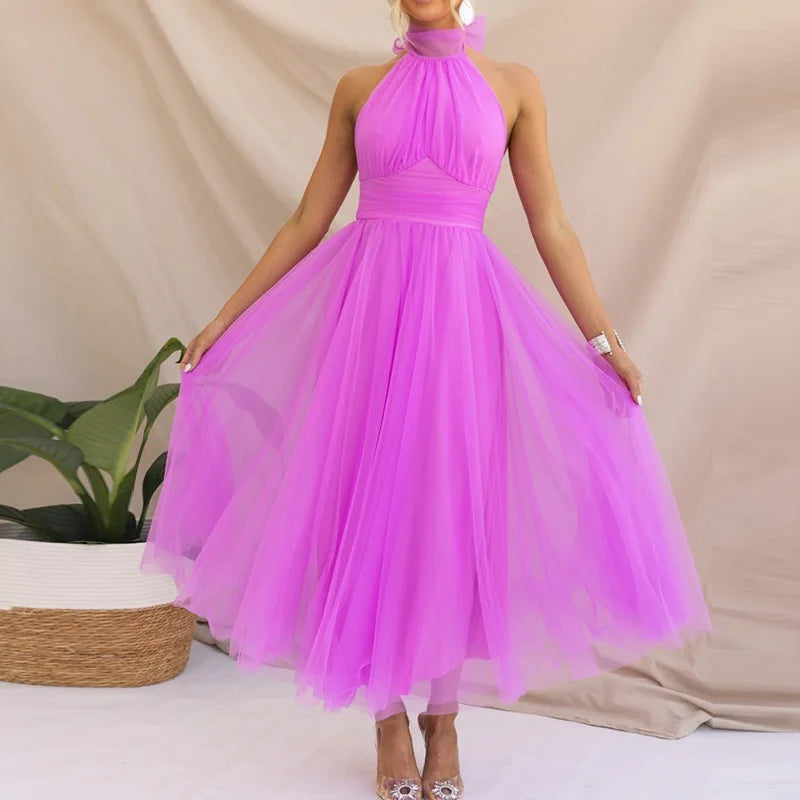Ball Gown Style Solid Women Party Dress Summer Sexy Gauze High Waist Slim Fit Dress Lady Casual Backless Sleeveless V Neck Dress