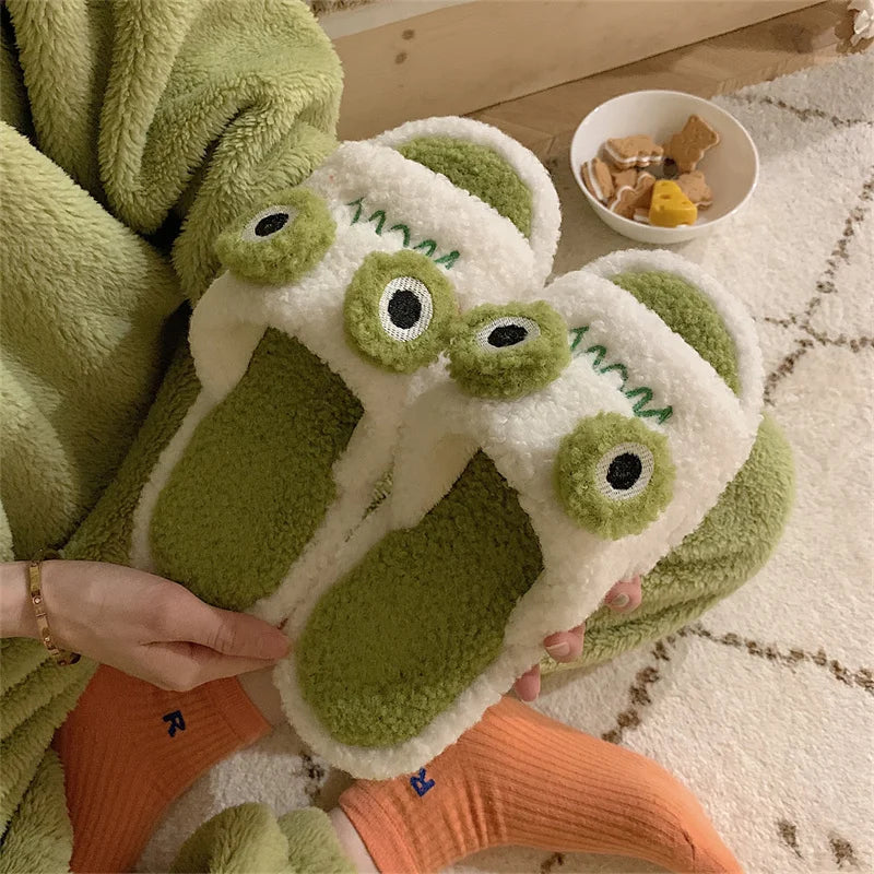 Women Faux Fur Slippers Cute Cartoon Frog Home Slipper Women Men Winter Warm Shoes Soft Plush Lovers Indoor House Floor Slides