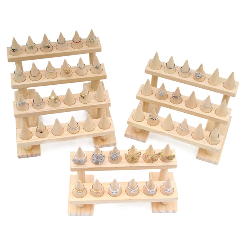 Cone Ring Display Holder Jewelry Display Stand Ring Showcase Storage Tray For Counter Shows Wooden Base Shop Decor