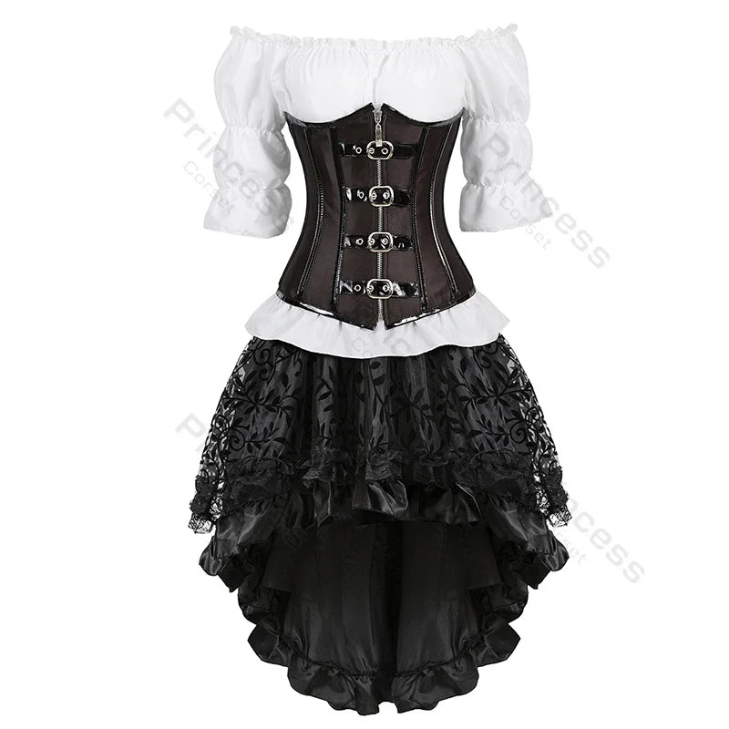 Steampunk Corset Dress Brown Pirate Costume Blouse Shoulder Off Underbust Corset Plus Size Cosplay Pirate Dresses for Women