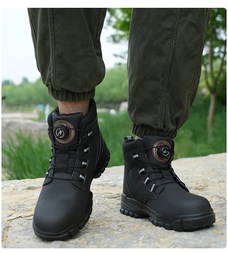 Safety Work Boots For Men Outdoor Hiking Sneaker Anti-smash Indestructible Steel Toe Protection Boots Male Boots Rotating Button