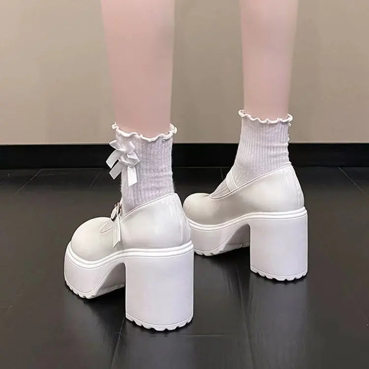 Women's versatile thick heeled shoes Fashion Buckle Pumps Mary Jane Shoes ladies White Lolita Shoe retro leather footwear Mujer