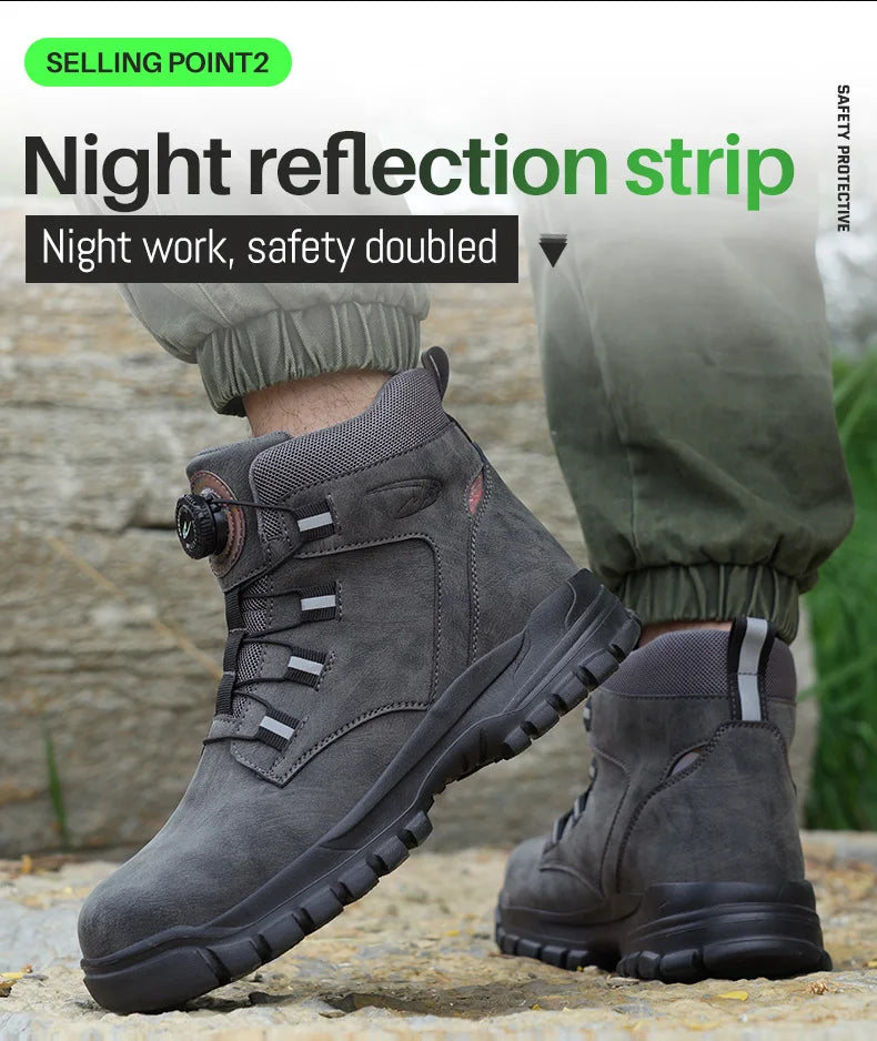 Safety Work Boots For Men Outdoor Hiking Sneaker Anti-smash Indestructible Steel Toe Protection Boots Male Boots Rotating Button