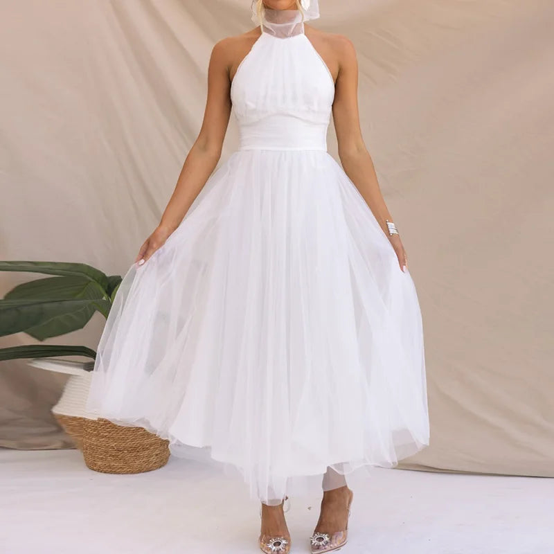 Ball Gown Style Solid Women Party Dress Summer Sexy Gauze High Waist Slim Fit Dress Lady Casual Backless Sleeveless V Neck Dress