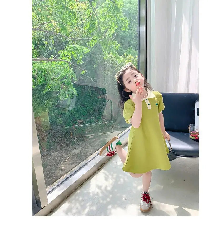 2024 New Children's Summer Dress Girl's Korean Edition love Bubble Sleeves Flip Collar Dress 1-12 Year Old Princess Dress