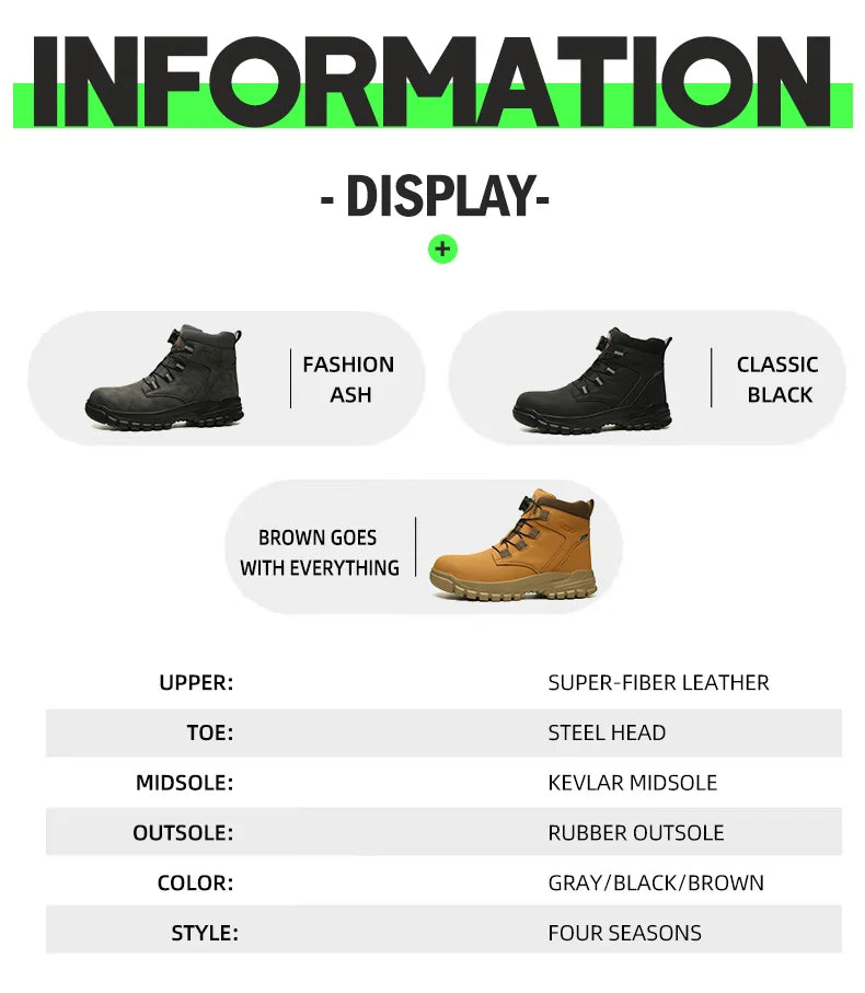 Safety Work Boots For Men Outdoor Hiking Sneaker Anti-smash Indestructible Steel Toe Protection Boots Male Boots Rotating Button