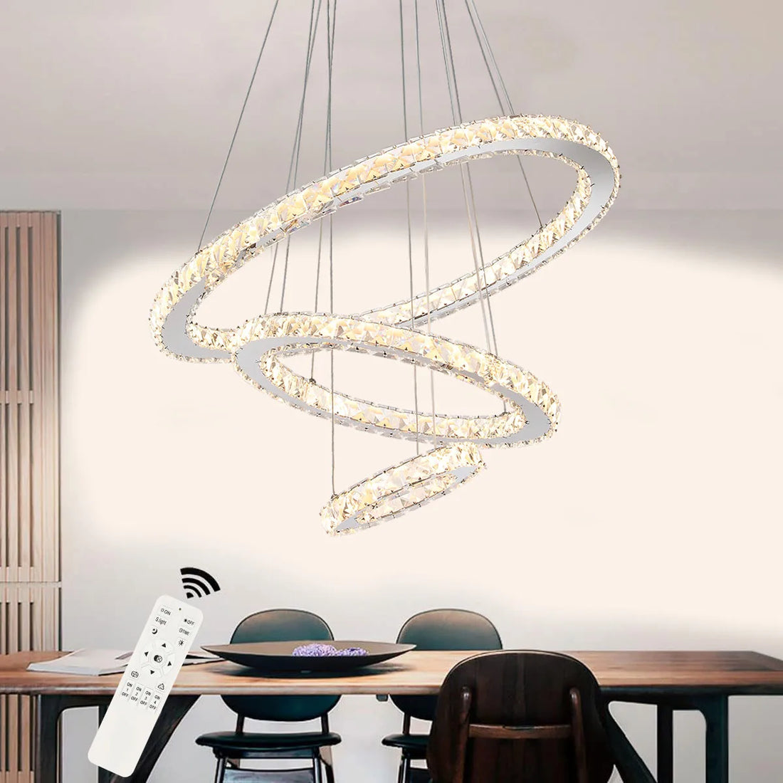 60W Modern Crystal LED ceiling lamp, 3 rings LED pendant light 60+40+20 cm,  Dimmable with remote control, Height adjustable