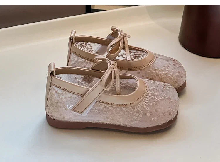 Childrens Casual Shoes with Bow Round Toe Non Slip Soft Sole Breathable 2025 New Summer Outdoor Mesh Girls Flat Shoes