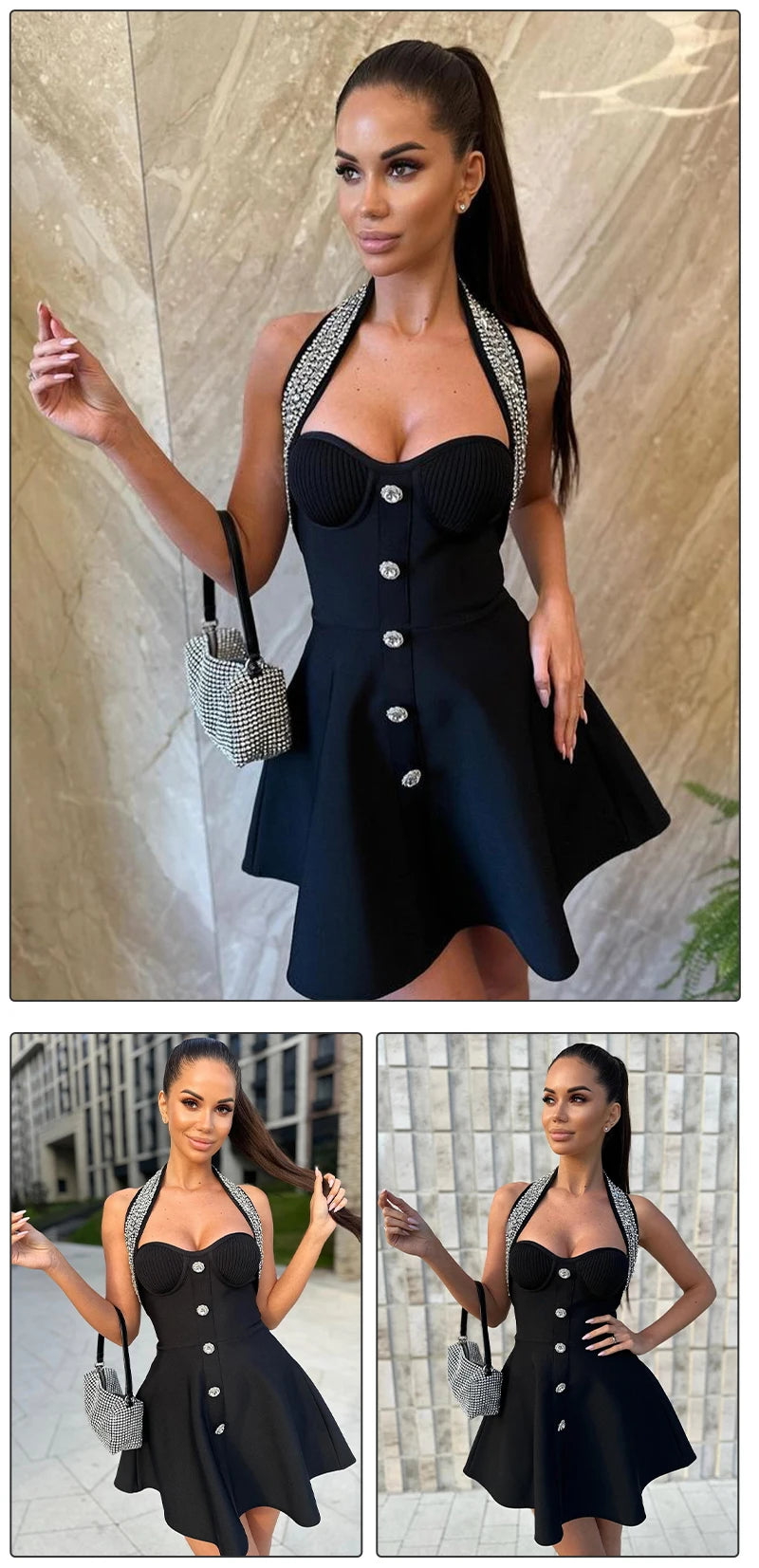 VC Fashion Summer Womens Dresses 2024 Luxury Diamond Halter Sleeveless Black Bandage A-Line Short Dress