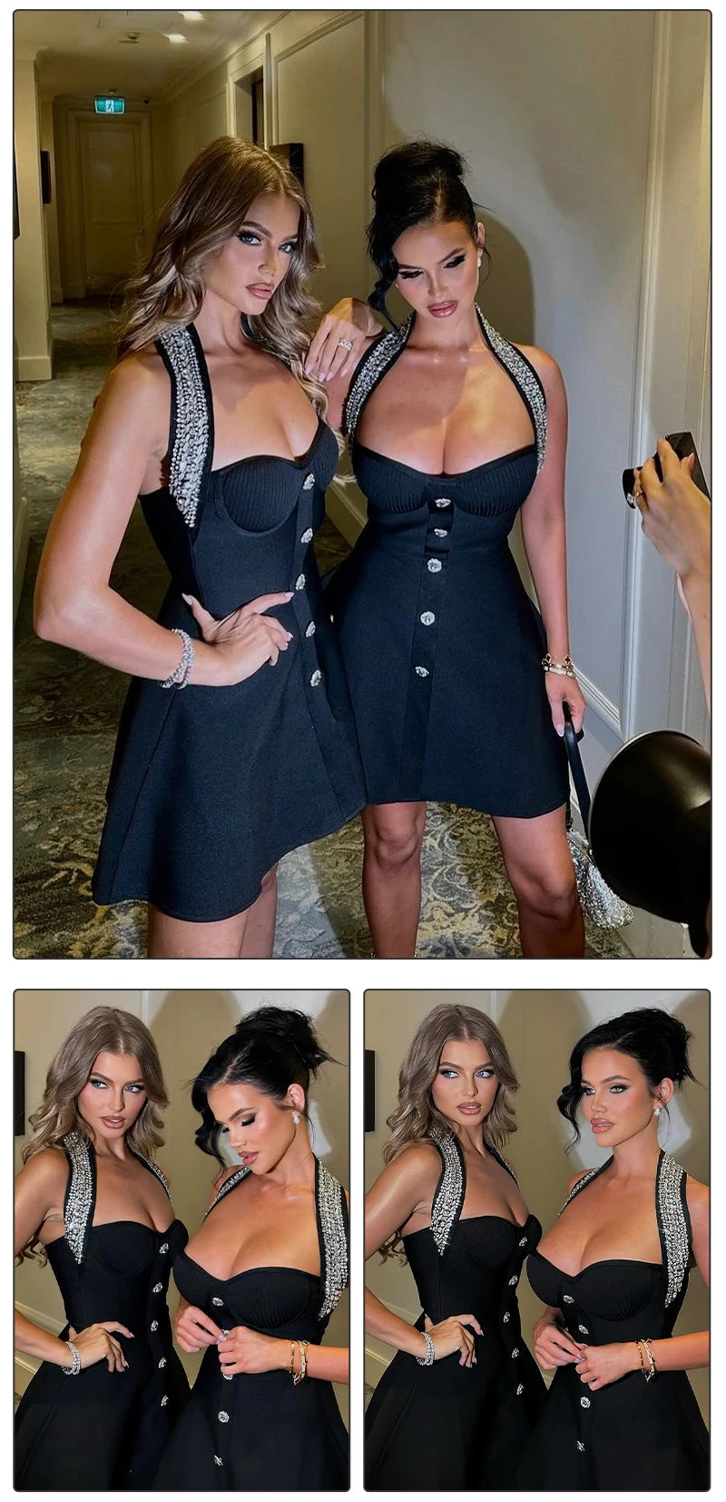 VC Fashion Summer Womens Dresses 2024 Luxury Diamond Halter Sleeveless Black Bandage A-Line Short Dress