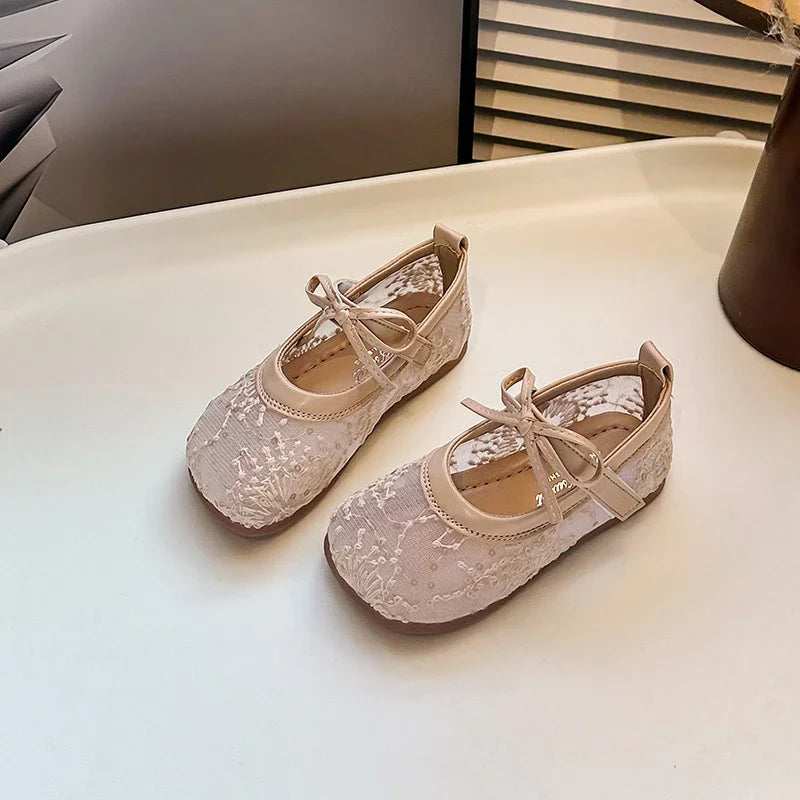 Childrens Casual Shoes with Bow Round Toe Non Slip Soft Sole Breathable 2025 New Summer Outdoor Mesh Girls Flat Shoes