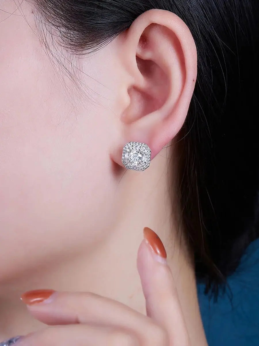 1pair Octagon Moissanite Earrings 925 Sterling Silver 18K Gold Plated Halo Jewelry for Women Gift Comes with GRA Certificate