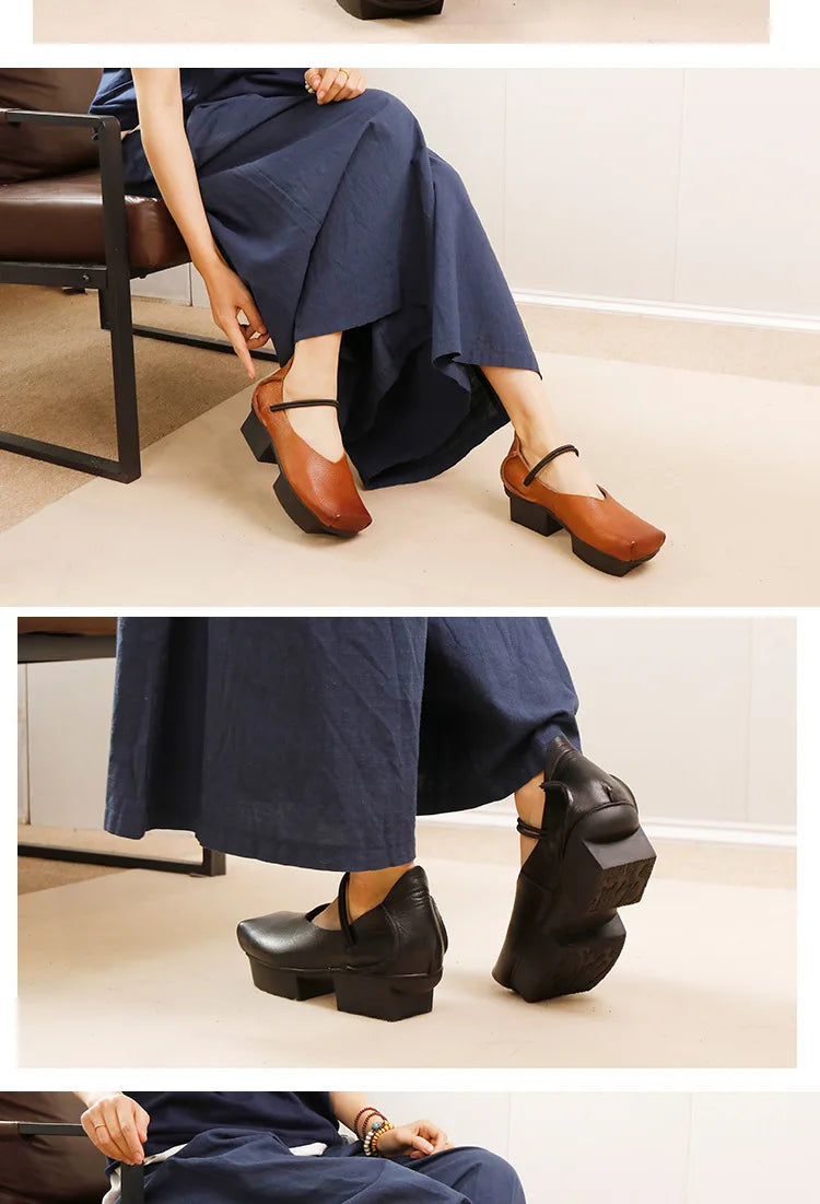 GKTINOO 2025 Spring/Summer New Vintage Real Cowhide Square Toe Women's Shoes Versatile Genuine Leather Middle Heel Pumps