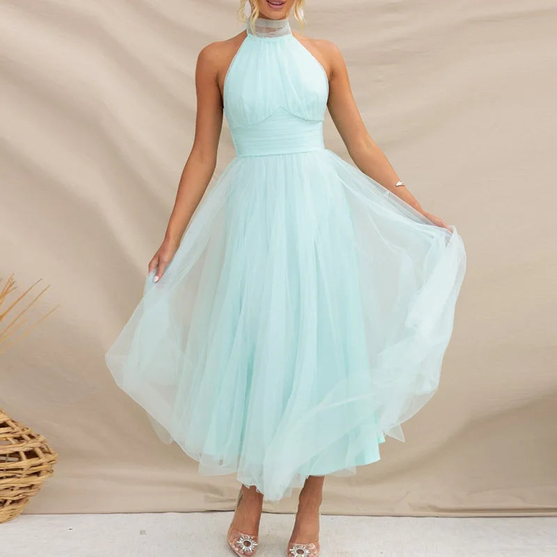 Ball Gown Style Solid Women Party Dress Summer Sexy Gauze High Waist Slim Fit Dress Lady Casual Backless Sleeveless V Neck Dress