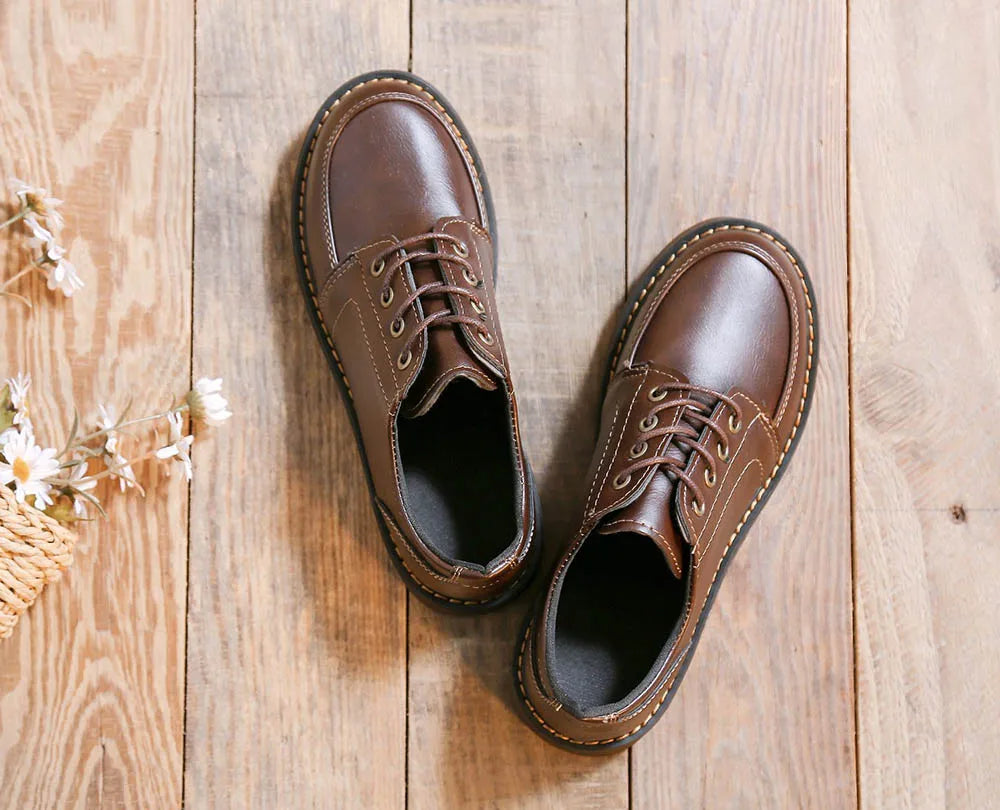 35-40 Women Oxfords Women's Shoes Ladies Leather Female Round Toe Sewing Retro Comfortable Footwear Lolita Shoe Brown