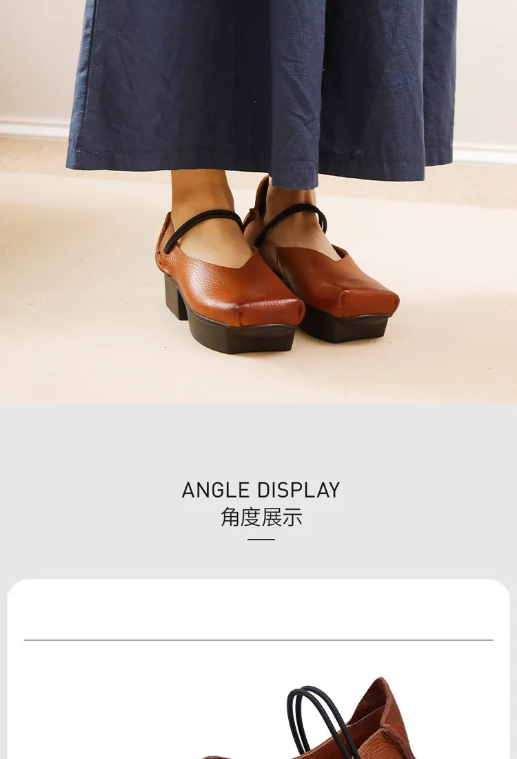 GKTINOO 2025 Spring/Summer New Vintage Real Cowhide Square Toe Women's Shoes Versatile Genuine Leather Middle Heel Pumps