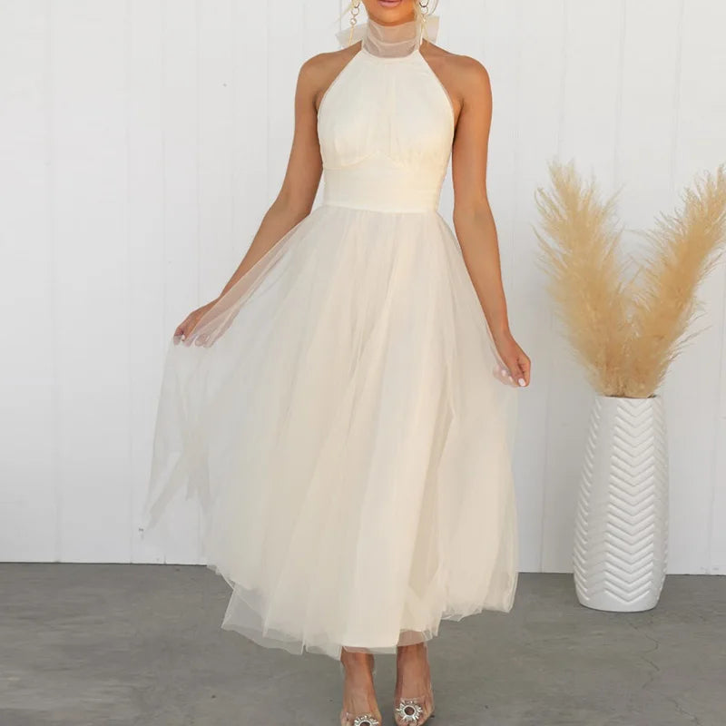 Ball Gown Style Solid Women Party Dress Summer Sexy Gauze High Waist Slim Fit Dress Lady Casual Backless Sleeveless V Neck Dress
