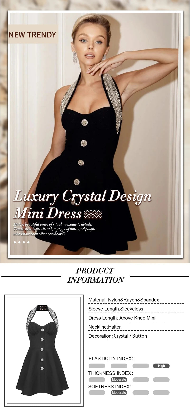 VC Fashion Summer Womens Dresses 2024 Luxury Diamond Halter Sleeveless Black Bandage A-Line Short Dress