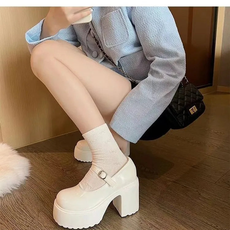 Women's versatile thick heeled shoes Fashion Buckle Pumps Mary Jane Shoes ladies White Lolita Shoe retro leather footwear Mujer