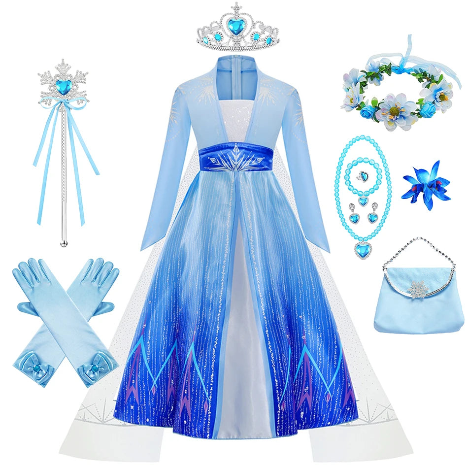 Elsa Kids Princess Dress With Cloak Stage Performance Outfits Carnival Halloween Cosplay Party Clothes Birthday Surprise Gift