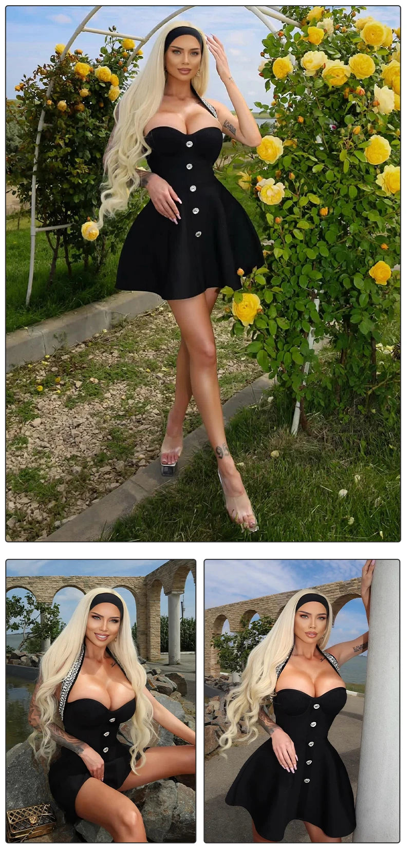 VC Fashion Summer Womens Dresses 2024 Luxury Diamond Halter Sleeveless Black Bandage A-Line Short Dress