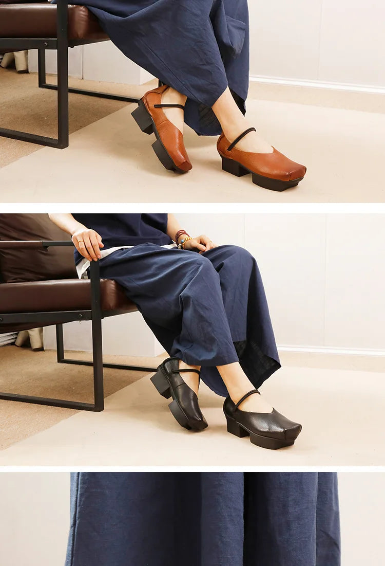 GKTINOO 2025 Spring/Summer New Vintage Real Cowhide Square Toe Women's Shoes Versatile Genuine Leather Middle Heel Pumps