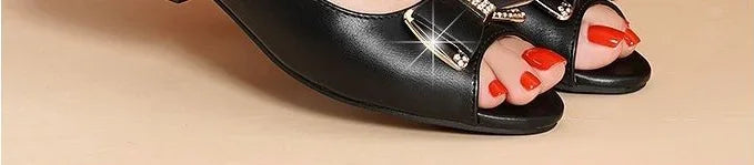 One Word Leather Summer 2024 Footwear Buckles White Women's Shoes Block Heel for Office Work Rhinestones with Low Heels Open Toe