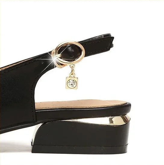 One Word Leather Summer 2024 Footwear Buckles White Women's Shoes Block Heel for Office Work Rhinestones with Low Heels Open Toe