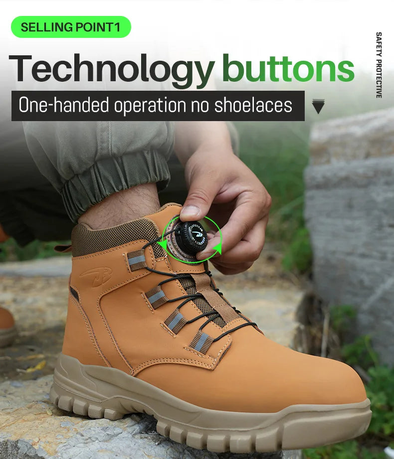 Safety Work Boots For Men Outdoor Hiking Sneaker Anti-smash Indestructible Steel Toe Protection Boots Male Boots Rotating Button