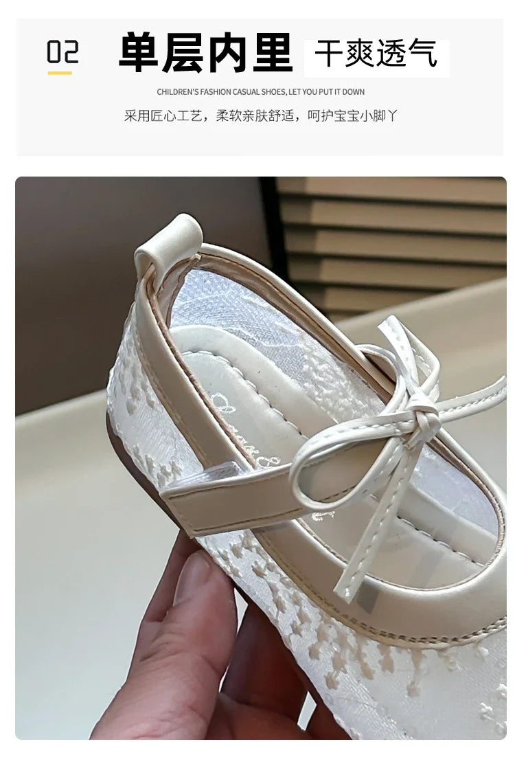 Childrens Casual Shoes with Bow Round Toe Non Slip Soft Sole Breathable 2025 New Summer Outdoor Mesh Girls Flat Shoes