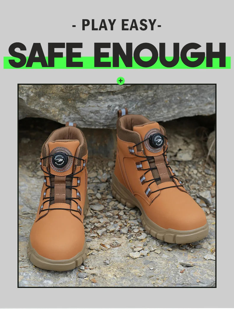 Safety Work Boots For Men Outdoor Hiking Sneaker Anti-smash Indestructible Steel Toe Protection Boots Male Boots Rotating Button